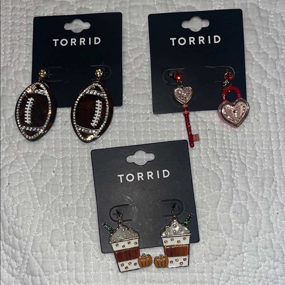 NWT Torrid 3 pairs of kitschy earrings - Valentines, Pumpkin latte & footballs